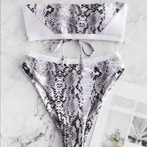 Snake Print Trim Highwaisted Bikini - White M